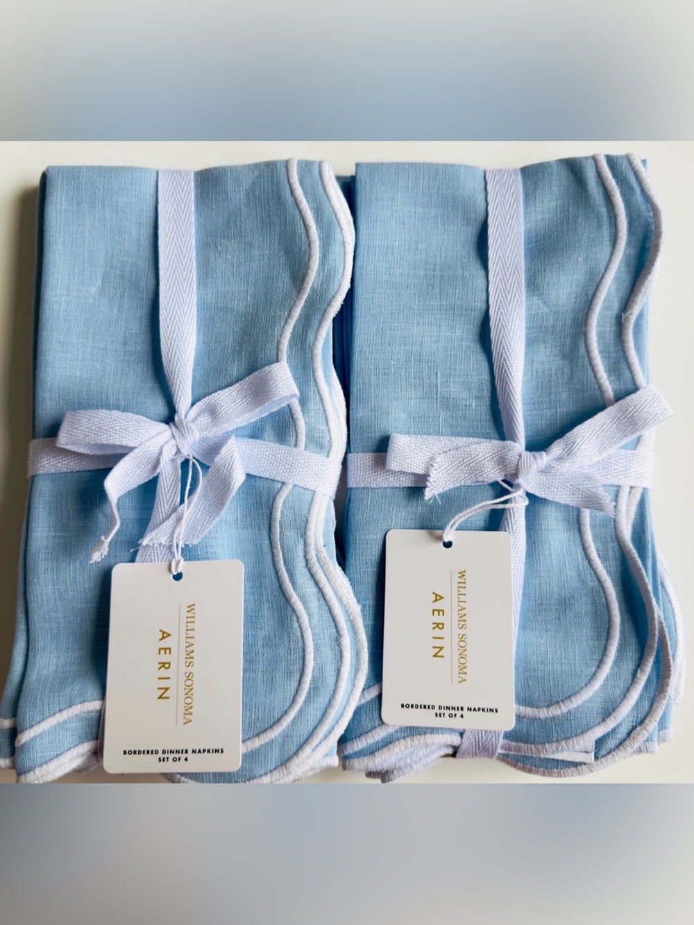 8 Aerin Williams Sonoma Scalloped 100% Linen Embroidered Napkins NWT Retail $139